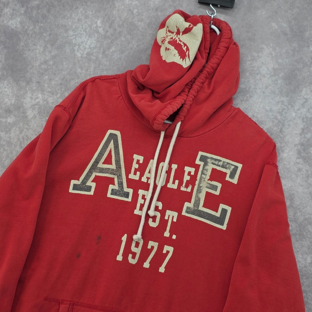 Vintage American Eagle Mens XXL Red Graphic Hoodie Distressed Sweatshirt Y2K